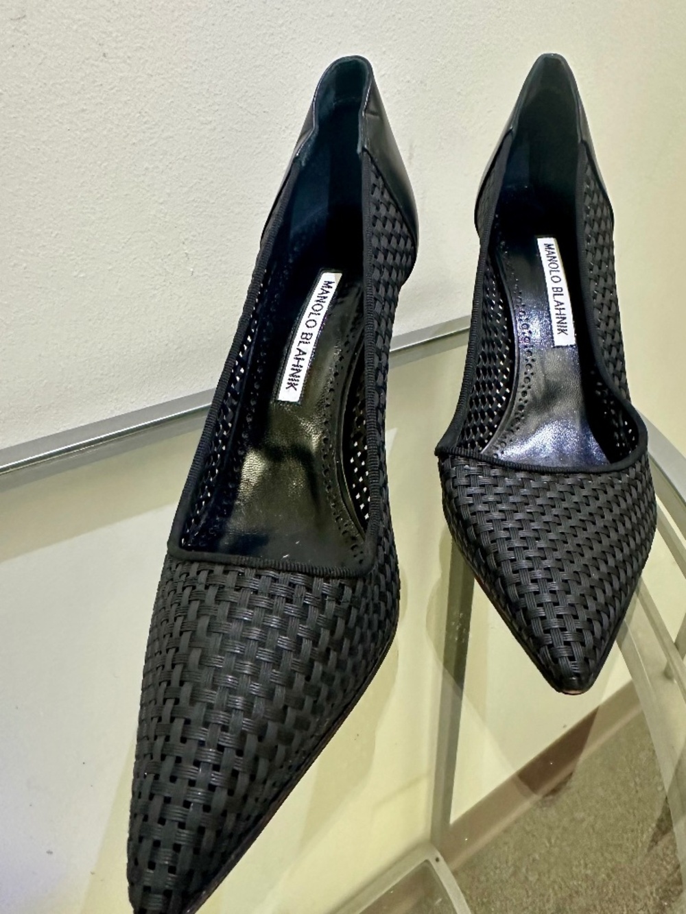 Manolo Blahnik black woven perforated leather heels size 10 #designer #luxury